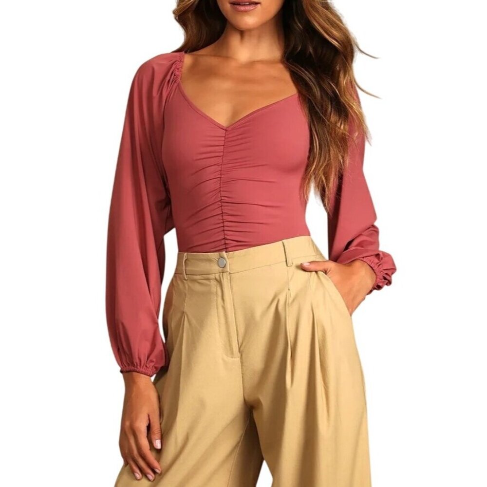 Lulus Certified Flirt Rusty Rose Ruched Long Sleeve Thong Bodysuit Size Small - Picture 1 of 13